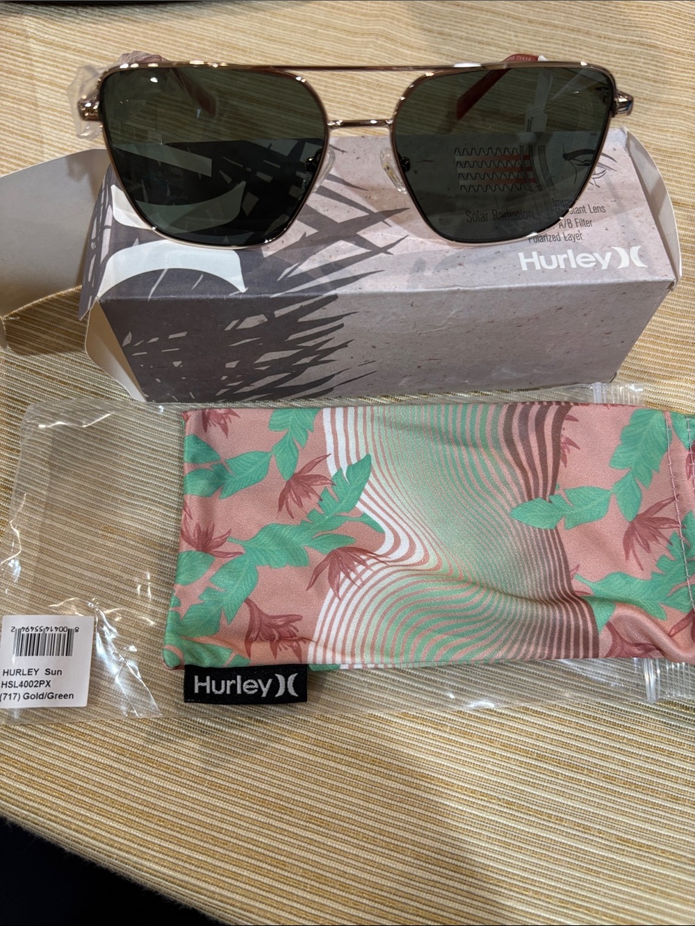 Hurley Gold Sunglasses with Green Lenses and Floral Pouch polarized NEW